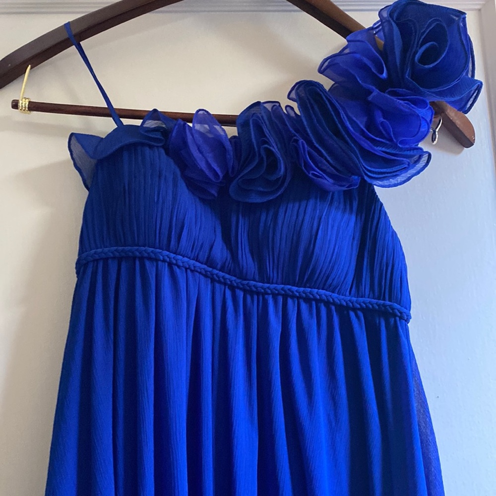 Royal blue with ruffles on shoulder